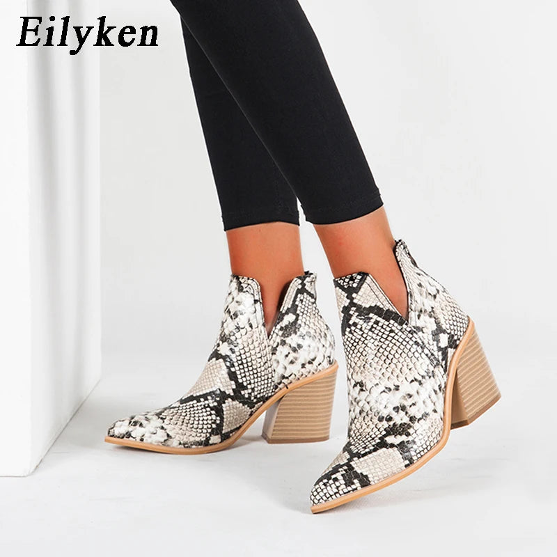 EilyKen Autumn/Winter Western Cowboy Ankle Boots for Women, Snake Print Cowgirl Booties, High Heel Cossacks.