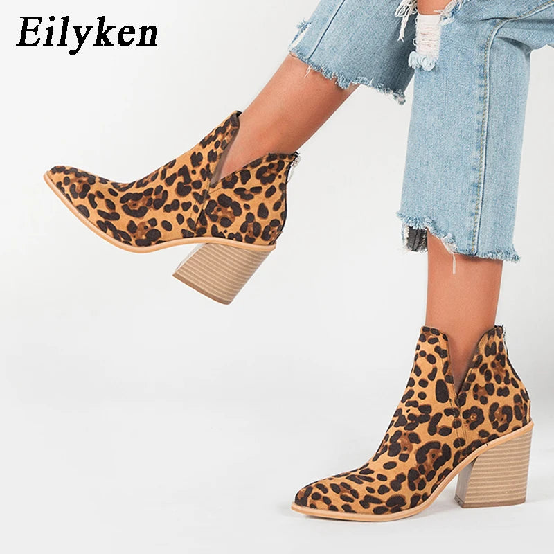 EilyKen Autumn/Winter Western Cowboy Ankle Boots for Women, Snake Print Cowgirl Booties, High Heel Cossacks.