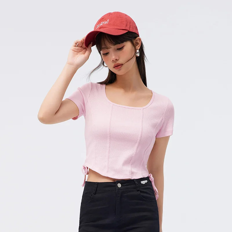 Semir Short Sleeve T Shirt Women Short Tight Knit Sexy 2023 Summer New Solid Fishbone Tops For Woman