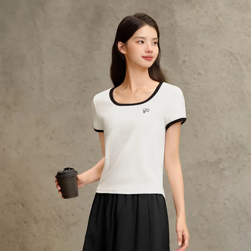 Semir Short Sleeve T-Shirt Women Short Style Small Shoulder Slightly Sexy 2024 Summer New Slim Fit Tight-Fitting Color-Block Top