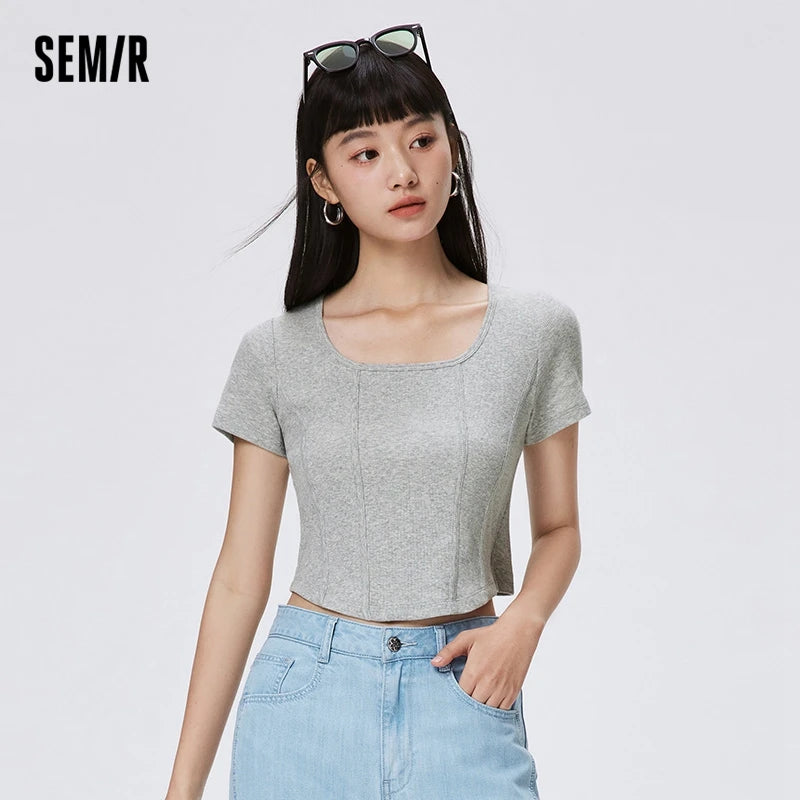 Semir Short Sleeve T Shirt Women Short Tight Knit Sexy 2023 Summer New Solid Fishbone Tops For Woman