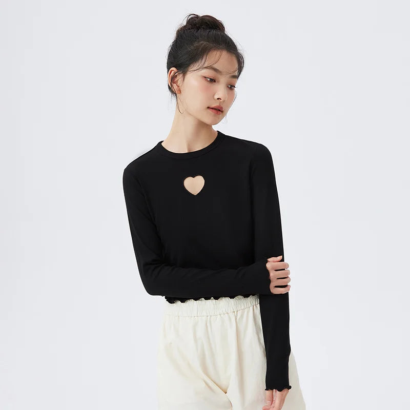 Semir T Shirt Women Knitting Bottom T Shirt Comfortable Underwear Home Pajamas Love Hollow-Out Long Sleeve Top