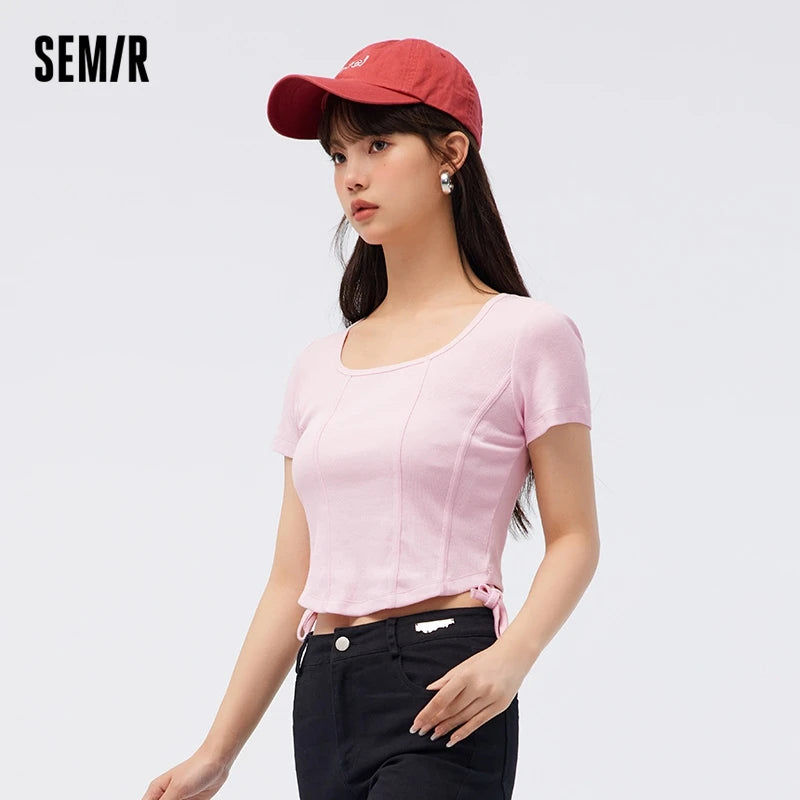Semir Short Sleeve T Shirt Women Short Tight Knit Sexy 2023 Summer New Solid Fishbone Tops For Woman
