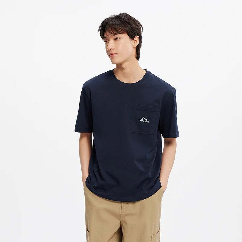 Semir Short Sleeve T-Shirt Men Cotton White T-Shirt Base Layer 2025 New Summer Pocket Embroidered Knit Top for Relaxed Outfits