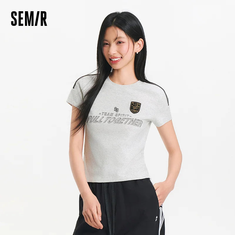 Semir Short Sleeve T-Shirt Women Short Style Slim Fit with Letters 2025 New Summer Style Regular Shoulder Top in a Sporty Style