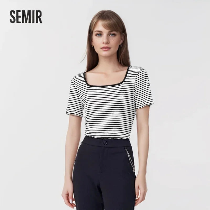 Semir Short-Sleeved T-Shirt Women 2024 Short Square Collar Summer New Tee shirts Tight Striped Shirt Temperament T-Shirt Women