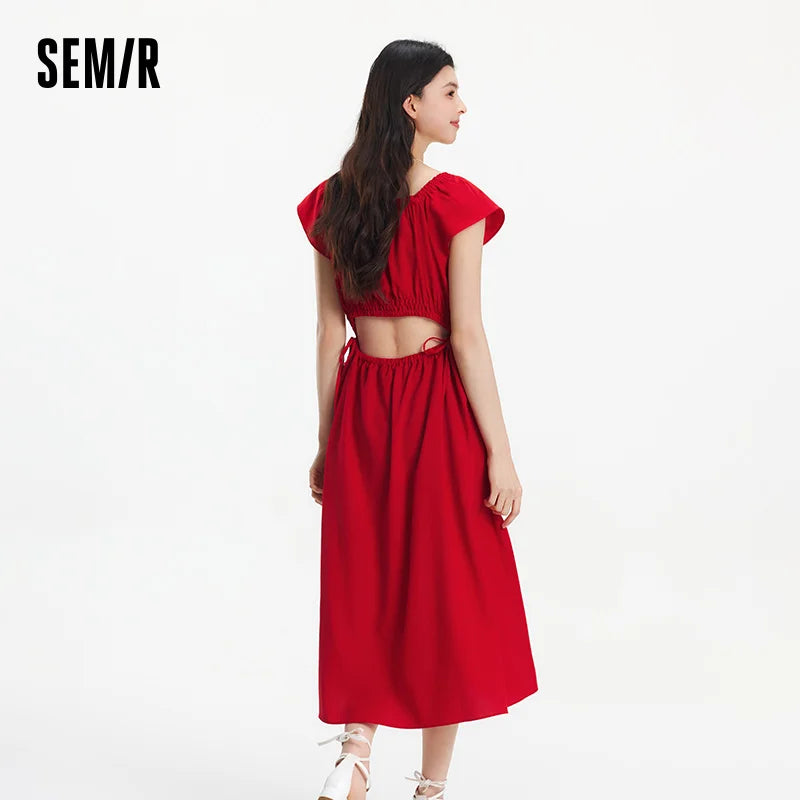 Semir Dress Women Hollow Out Waist-Cinching 2025 New Summer Flutter Sleeve Off-Shoulder Mid-Length Dress Subtle Sexy