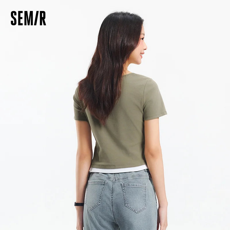 Semir Short Sleeve T-Shirt Women Cropped Fake Two-Piece Versatile 2025 New Summer Slim Fit U Neck Top Slimming for Chic Style