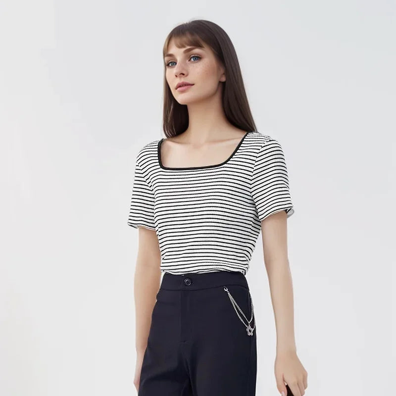 Semir Short-Sleeved T-Shirt Women 2024 Short Square Collar Summer New Tee shirts Tight Striped Shirt Temperament T-Shirt Women