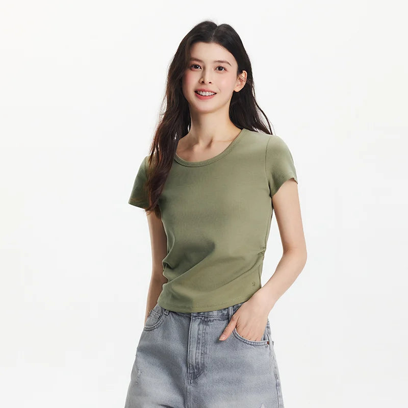 Semir Short Sleeve T-Shirt Women Cropped Slim Fit Shoulder Fit Design 2025 New Summer Embroidered Top Versatile for Chic Outfits