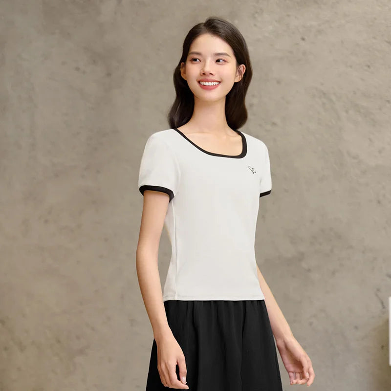 Semir Short Sleeve T-Shirt Women Short Style Small Shoulder Slightly Sexy 2024 Summer New Slim Fit Tight-Fitting Color-Block Top