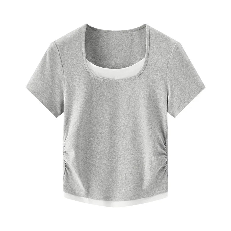 Semir Short Sleeve T-Shirt Women Cropped Fake Two-Piece Versatile 2025 New Summer Slim Fit U Neck Top Slimming for Chic Style