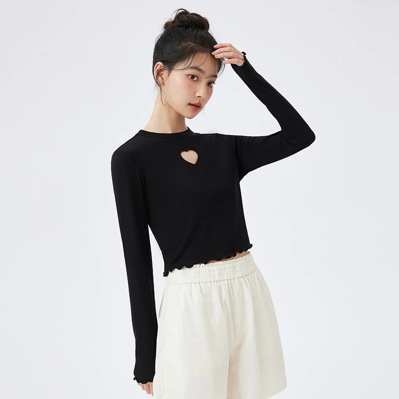 Semir T Shirt Women Knitting Bottom T Shirt Comfortable Underwear Home Pajamas Love Hollow-Out Long Sleeve Top
