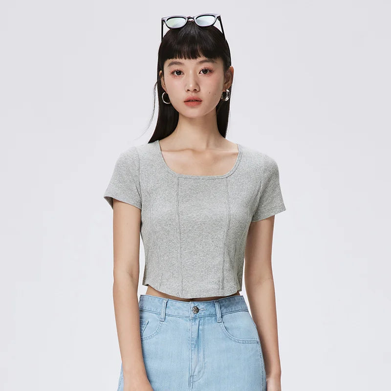 Semir Short Sleeve T Shirt Women Short Tight Knit Sexy 2023 Summer New Solid Fishbone Tops For Woman