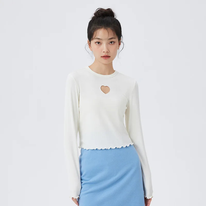 Semir T Shirt Women Knitting Bottom T Shirt Comfortable Underwear Home Pajamas Love Hollow-Out Long Sleeve Top