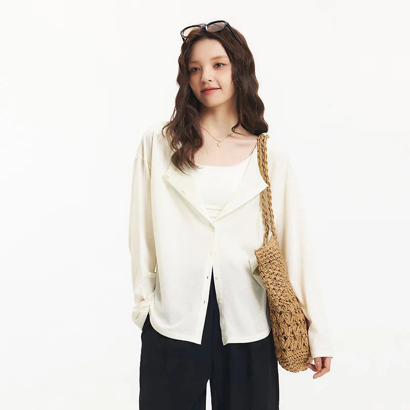 Semir Long Sleeve T-Shirt Women U Neck Solid Color Cardigan Minimalist Elegant 2025 New Summer Loose Top Gentle for Daily Wear