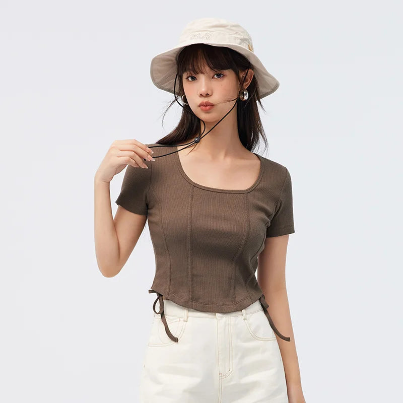 Semir Short Sleeve T Shirt Women Short Tight Knit Sexy 2023 Summer New Solid Fishbone Tops For Woman