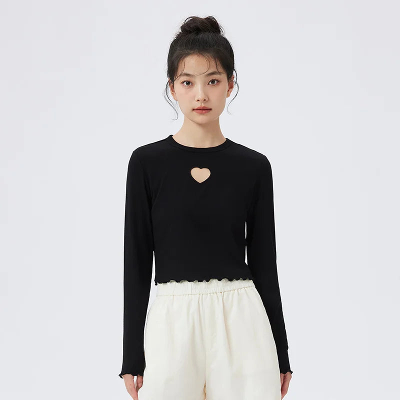 Semir T Shirt Women Knitting Bottom T Shirt Comfortable Underwear Home Pajamas Love Hollow-Out Long Sleeve Top