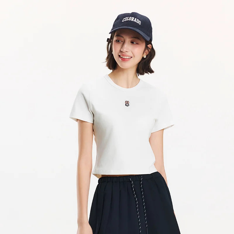Semir Short Sleeve T-Shirt Women Cropped Slim Fit Slimming 2025 New Summer Embroidered Pullover Cute for Everyday and Stylish