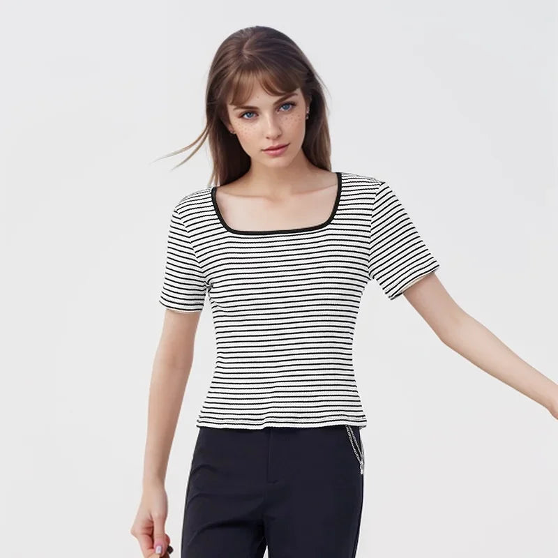 Semir Short-Sleeved T-Shirt Women 2024 Short Square Collar Summer New Tee shirts Tight Striped Shirt Temperament T-Shirt Women