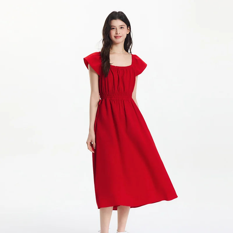 Semir Dress Women Hollow Out Waist-Cinching 2025 New Summer Flutter Sleeve Off-Shoulder Mid-Length Dress Subtle Sexy
