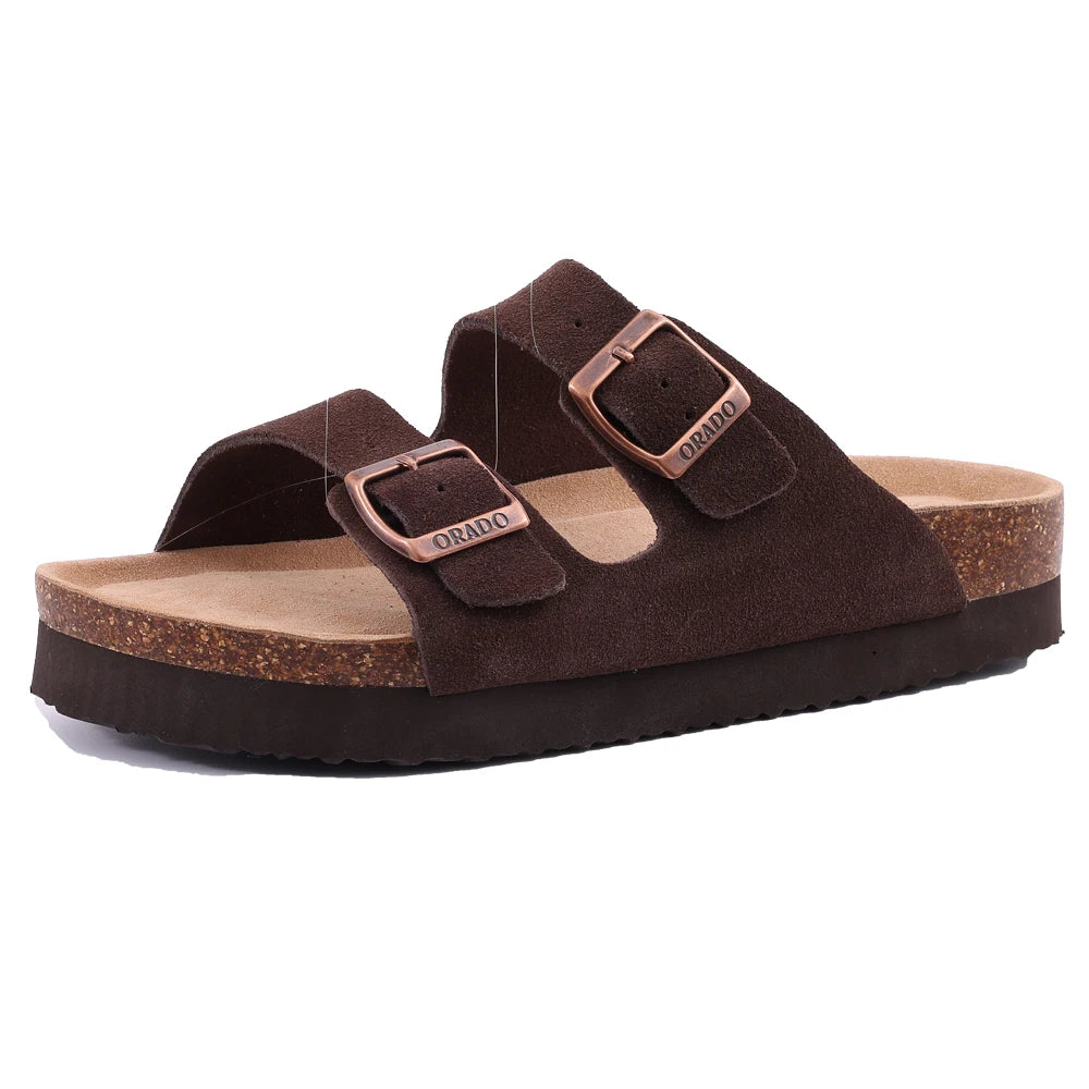 Comwarm Cork Footbed Clogs, Leather Mules with Arch Support, Comfortable Indoor/Outdoor Flat Slides for Women & Men.
