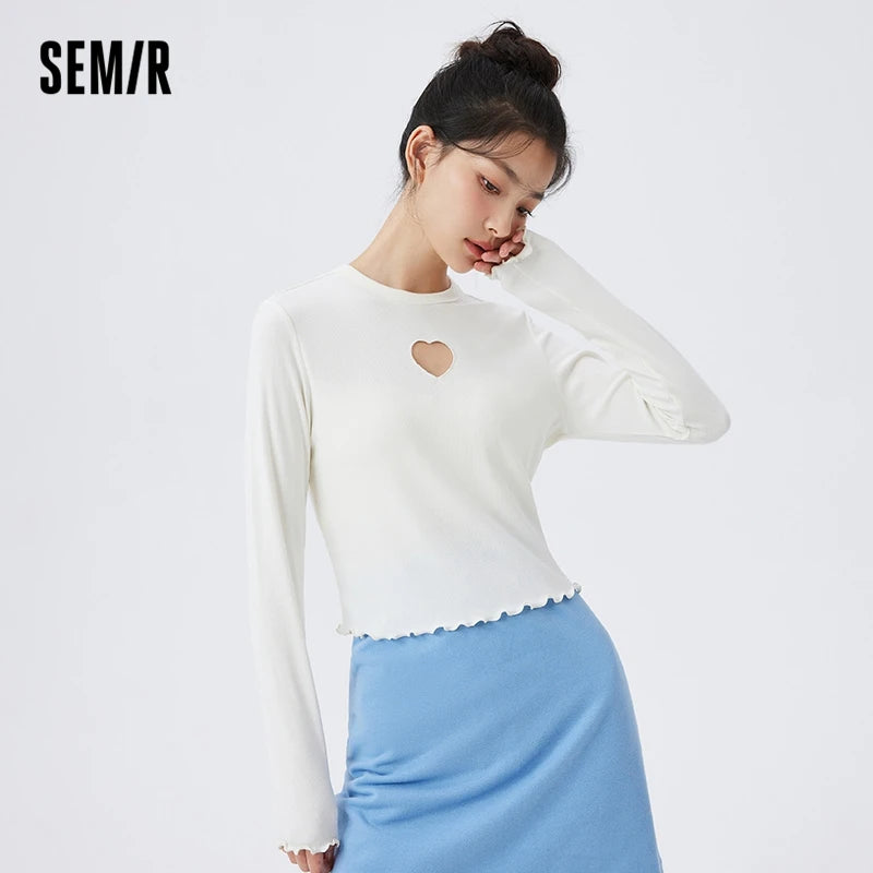 Semir T Shirt Women Knitting Bottom T Shirt Comfortable Underwear Home Pajamas Love Hollow-Out Long Sleeve Top