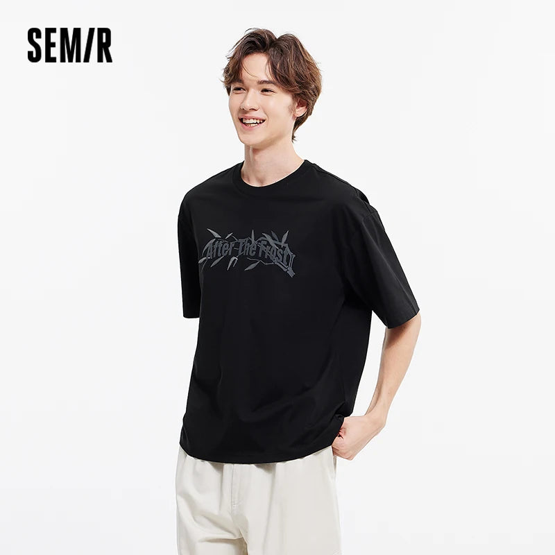 Semir Short Sleeve T-Shirt Men Bamboo Leaf Print Cool Feeling 2025 New Summer Loose Knit Base Layer Top for Trendy Outfits