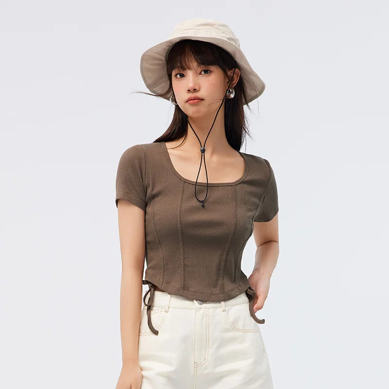 Semir Short Sleeve T Shirt Women Short Tight Knit Sexy 2023 Summer New Solid Fishbone Tops For Woman