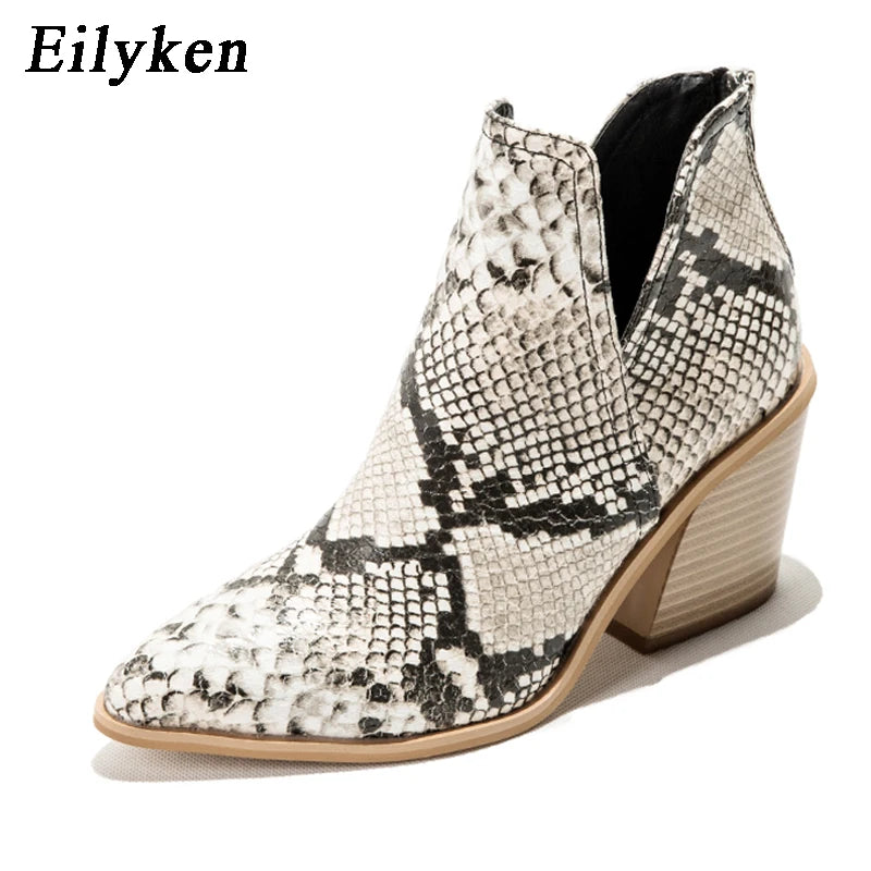 EilyKen Autumn/Winter Western Cowboy Ankle Boots for Women, Snake Print Cowgirl Booties, High Heel Cossacks.