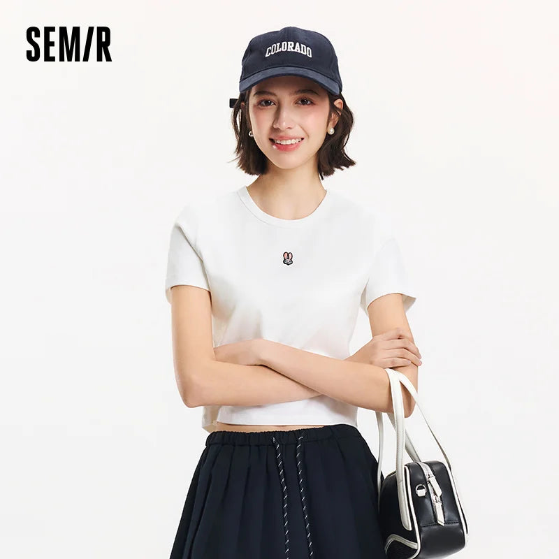 Semir Short Sleeve T-Shirt Women Cropped Slim Fit Slimming 2025 New Summer Embroidered Pullover Cute for Everyday and Stylish