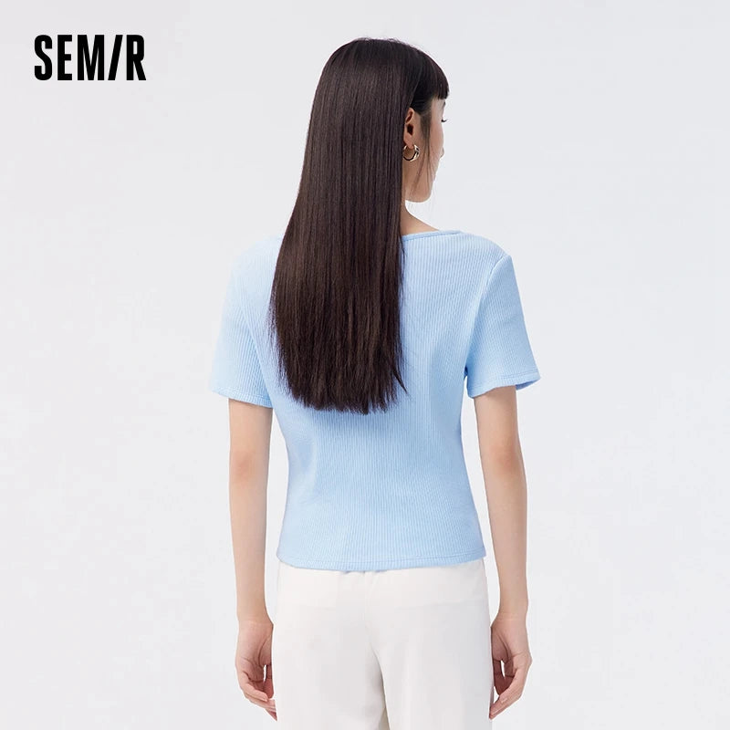 Semir Short-Sleeved T-Shirt Women 2024 Short Square Collar Summer New Tee shirts Tight Striped Shirt Temperament T-Shirt Women