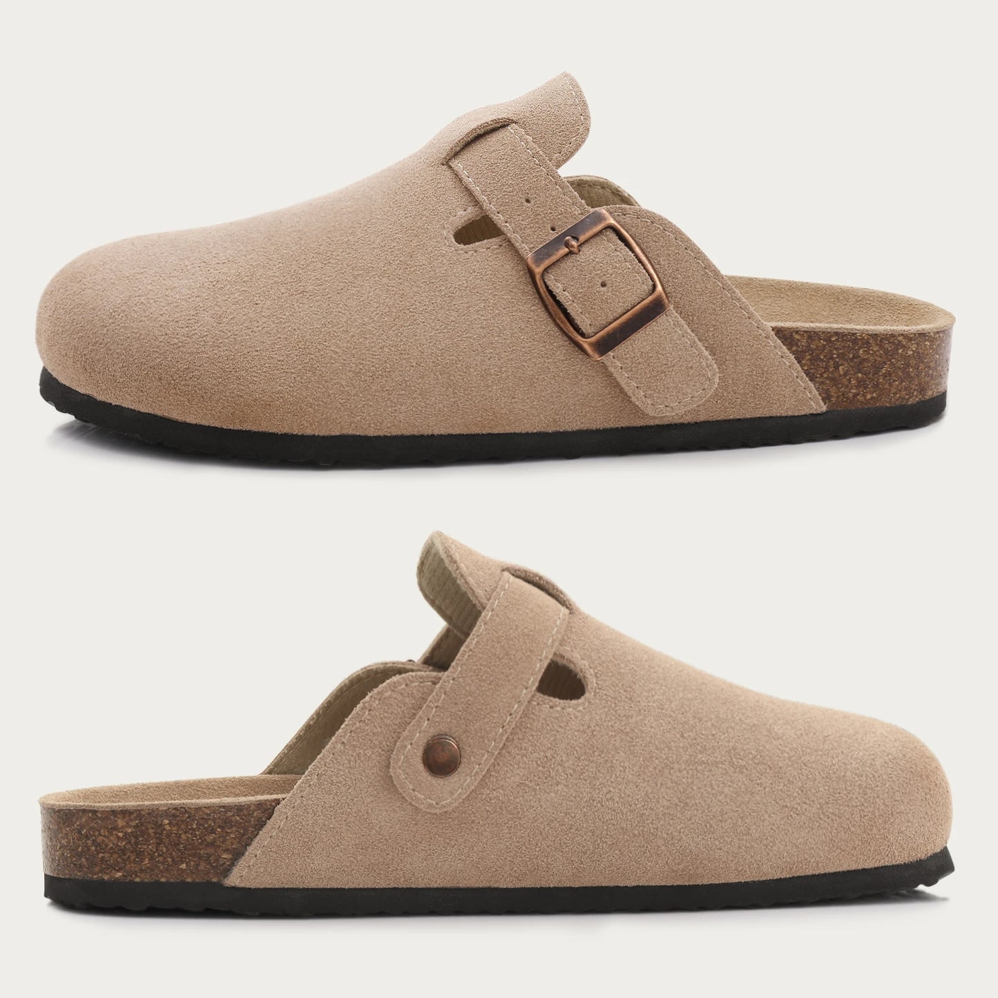 Comwarm Cork Footbed Clogs, Leather Mules with Arch Support, Comfortable Indoor/Outdoor Flat Slides for Women & Men.