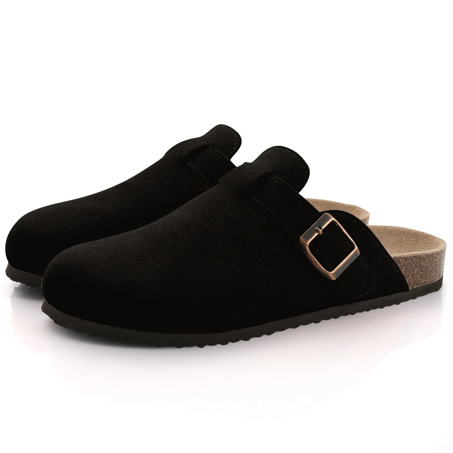 Comwarm Cork Footbed Clogs, Leather Mules with Arch Support, Comfortable Indoor/Outdoor Flat Slides for Women & Men.