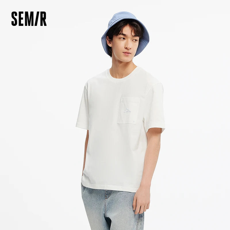 Semir Short Sleeve T-Shirt Men Cotton White T-Shirt Base Layer 2025 New Summer Pocket Embroidered Knit Top for Relaxed Outfits