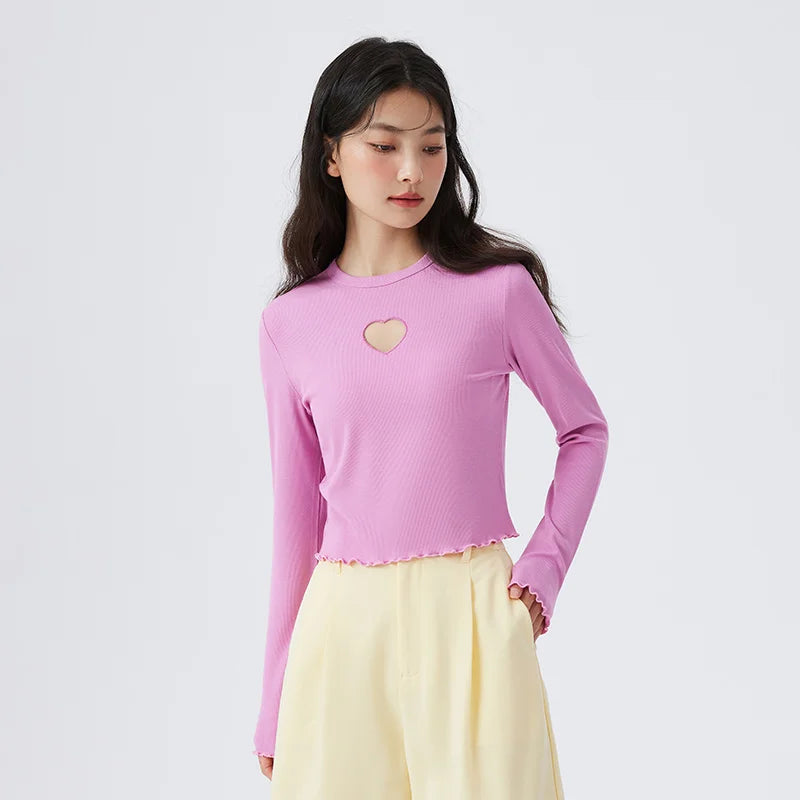 Semir T Shirt Women Knitting Bottom T Shirt Comfortable Underwear Home Pajamas Love Hollow-Out Long Sleeve Top