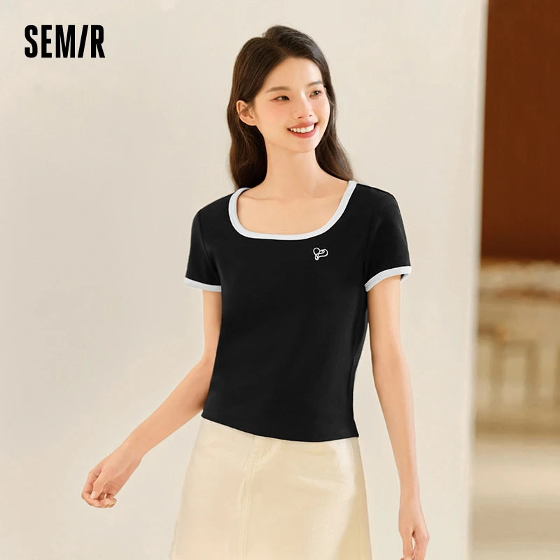 Semir Short Sleeve T-Shirt Women Short Style Small Shoulder Slightly Sexy 2024 Summer New Slim Fit Tight-Fitting Color-Block Top