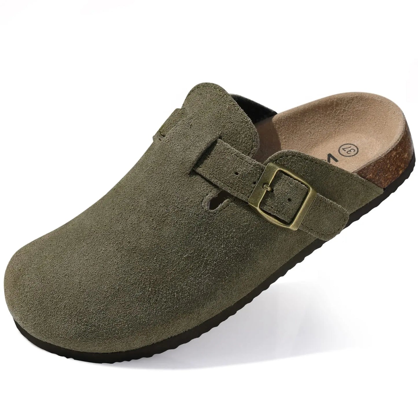 Comwarm Cork Footbed Clogs, Leather Mules with Arch Support, Comfortable Indoor/Outdoor Flat Slides for Women & Men.