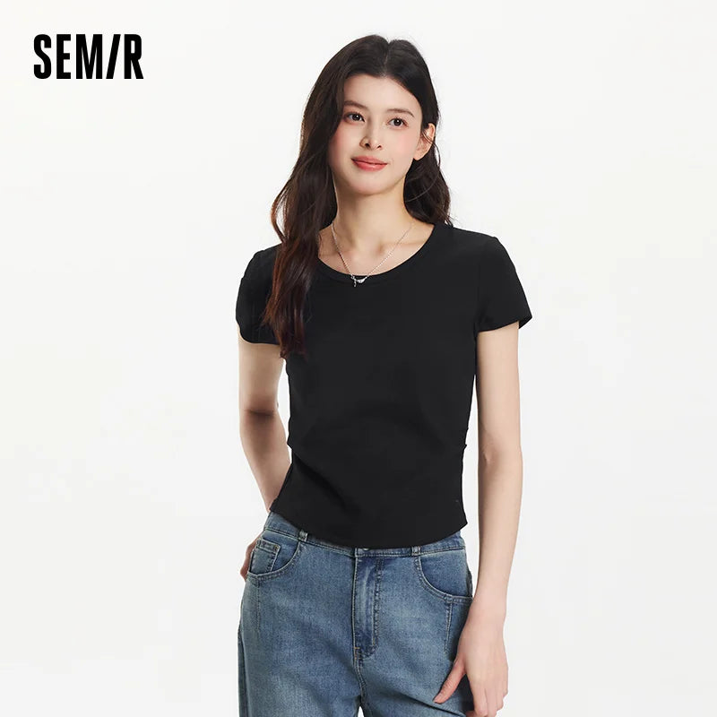 Semir Short Sleeve T-Shirt Women Cropped Slim Fit Shoulder Fit Design 2025 New Summer Embroidered Top Versatile for Chic Outfits