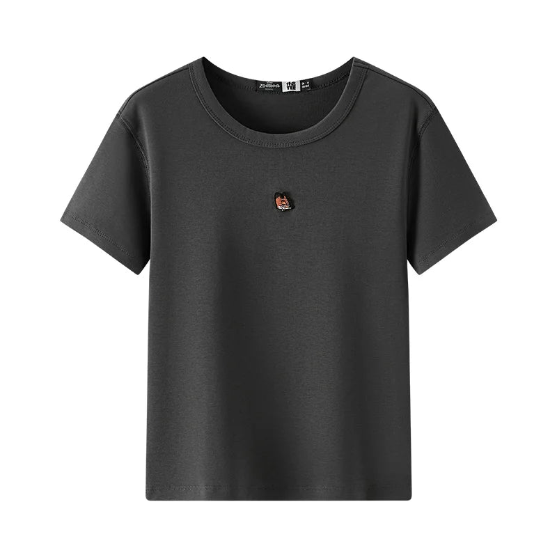 Semir Short Sleeve T-Shirt Women Cropped Slim Fit Slimming 2025 New Summer Embroidered Pullover Cute for Everyday and Stylish