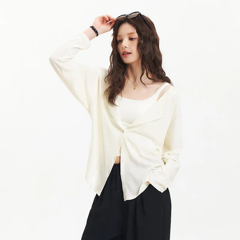 Semir Long Sleeve T-Shirt Women U Neck Solid Color Cardigan Minimalist Elegant 2025 New Summer Loose Top Gentle for Daily Wear