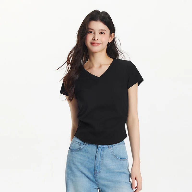 Semir Short Sleeve T-Shirt Women Cropped Slim Fit Shoulder Fit Design 2025 New Summer Embroidered Top Versatile for Chic Outfits