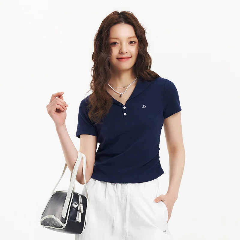 Semir Polo Shirt Women Cropped Blazer Collar 2025 New Summer Embroidered Cool Feeling Slim Fit Top Slimming for Chic Outfits