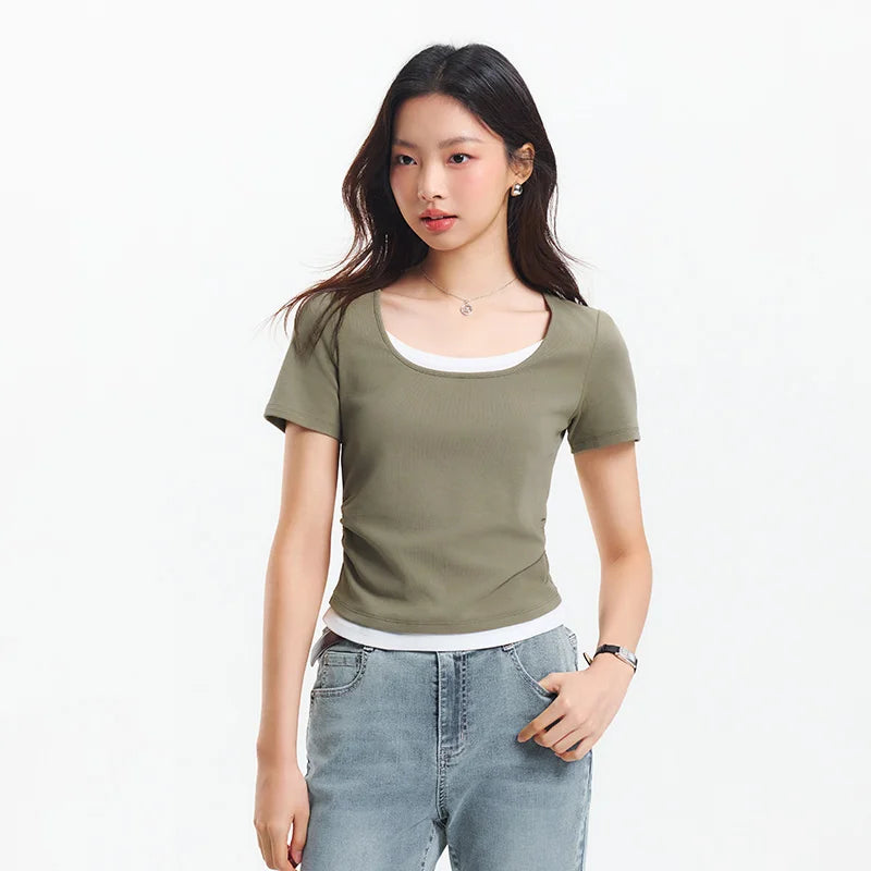 Semir Short Sleeve T-Shirt Women Cropped Fake Two-Piece Versatile 2025 New Summer Slim Fit U Neck Top Slimming for Chic Style