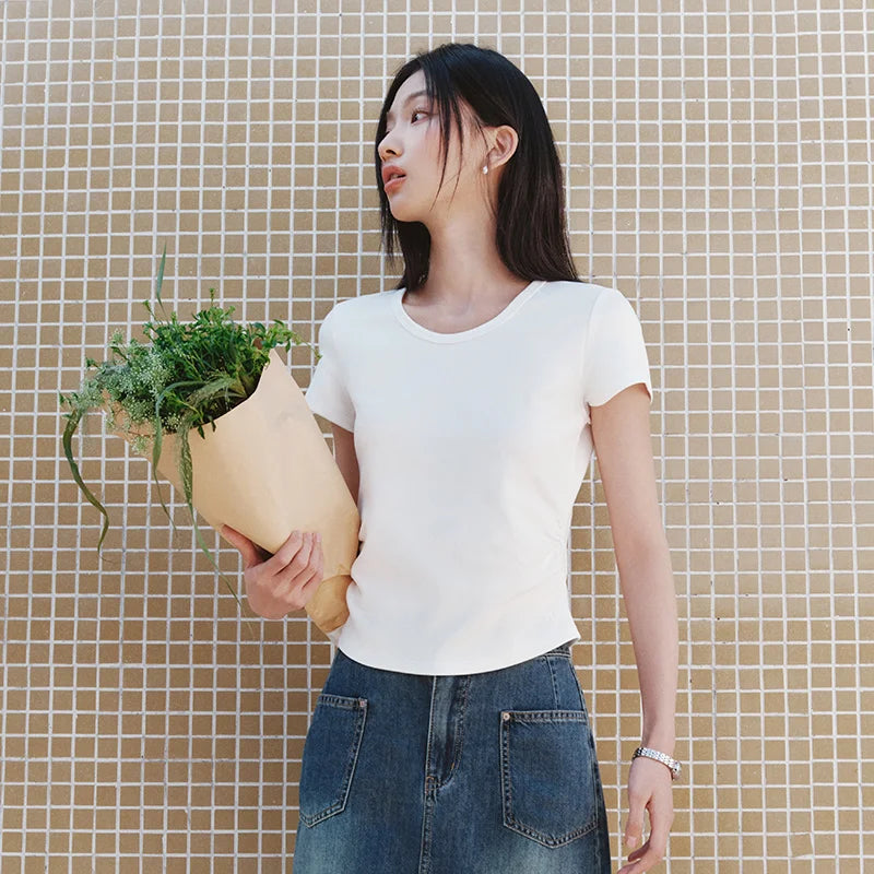 Semir Short Sleeve T-Shirt Women Cropped Slim Fit Shoulder Fit Design 2025 New Summer Embroidered Top Versatile for Chic Outfits