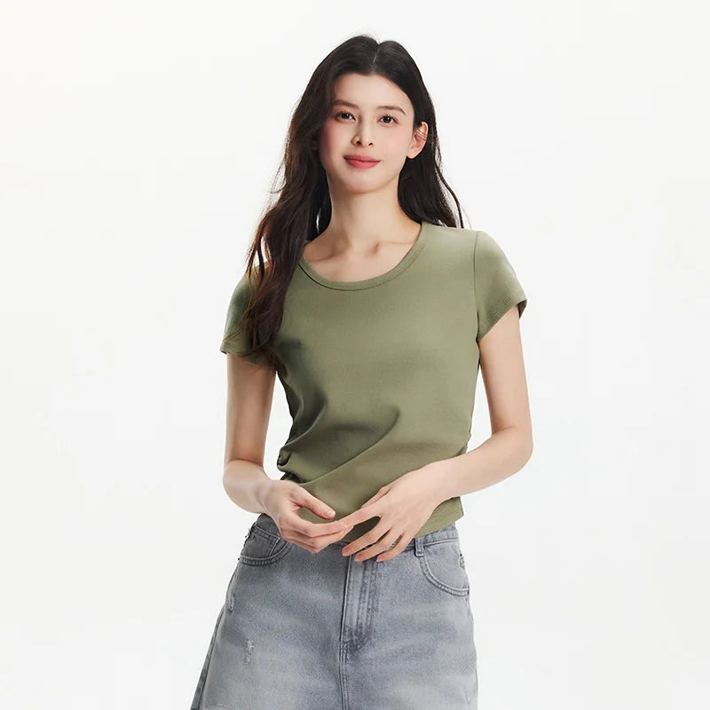 Semir Short Sleeve T-Shirt Women Cropped Slim Fit Shoulder Fit Design 2025 New Summer Embroidered Top Versatile for Chic Outfits