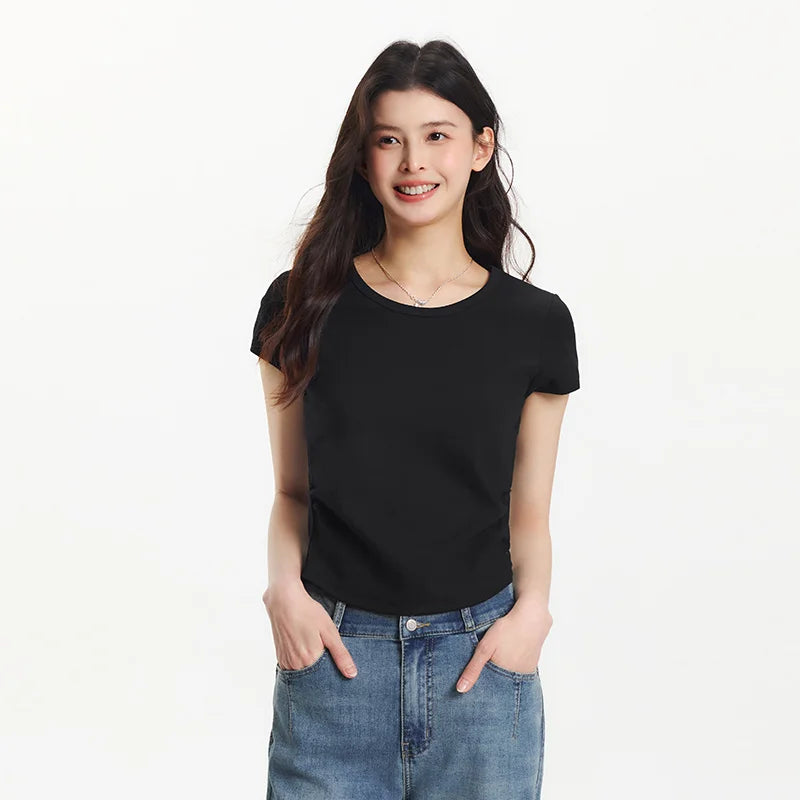 Semir Short Sleeve T-Shirt Women Cropped Slim Fit Shoulder Fit Design 2025 New Summer Embroidered Top Versatile for Chic Outfits