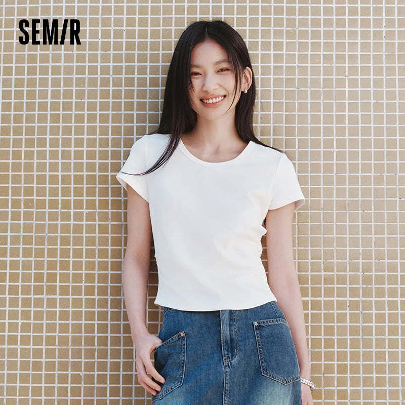 Semir Short Sleeve T-Shirt Women Cropped Slim Fit Shoulder Fit Design 2025 New Summer Embroidered Top Versatile for Chic Outfits
