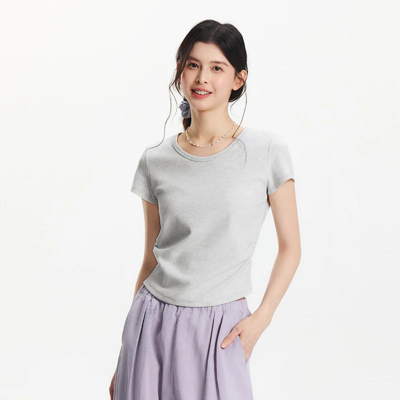 Semir Short Sleeve T-Shirt Women Cropped Slim Fit Shoulder Fit Design 2025 New Summer Embroidered Top Versatile for Chic Outfits