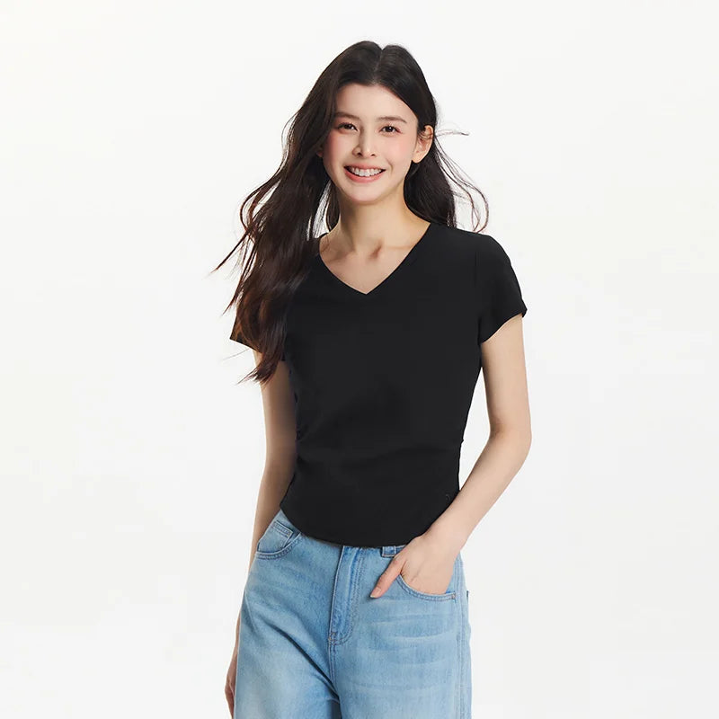 Semir Short Sleeve T-Shirt Women Cropped Slim Fit Shoulder Fit Design 2025 New Summer Embroidered Top Versatile for Chic Outfits